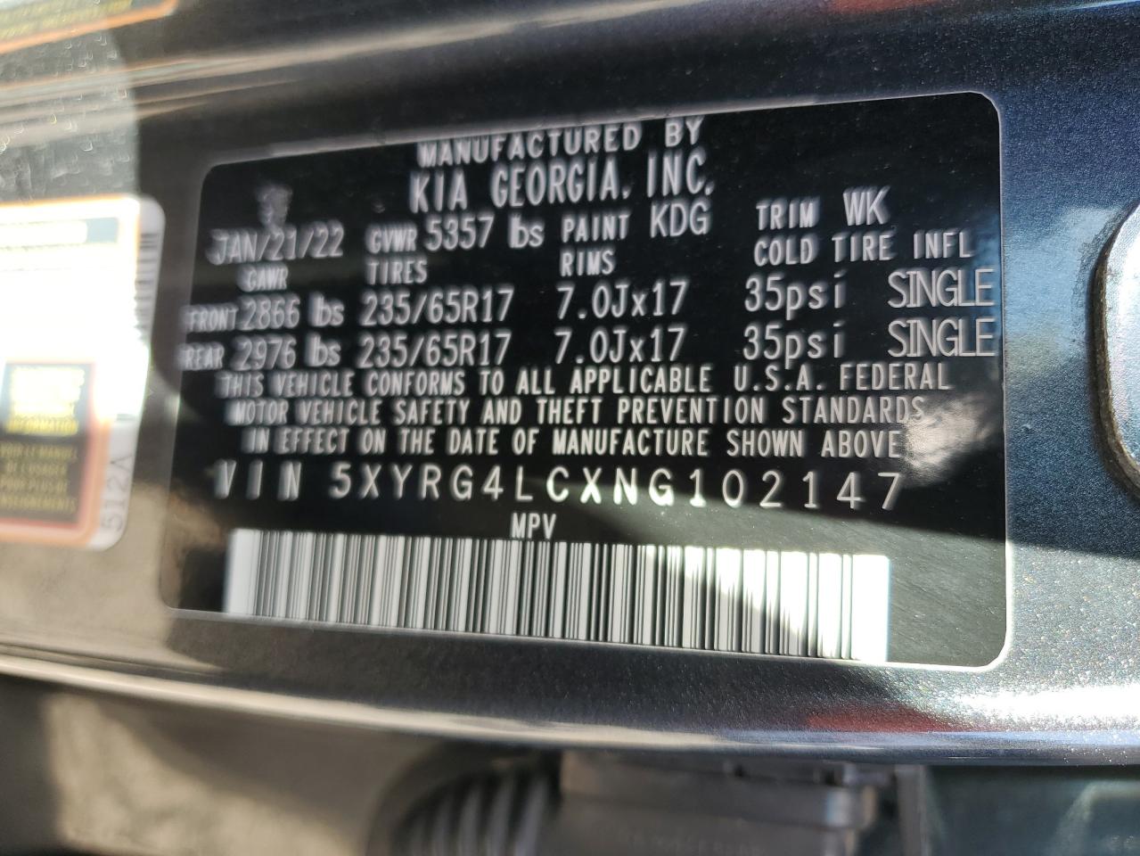 2022 KIA SORENTO LX VIN:5XYRG4LCXNG102147