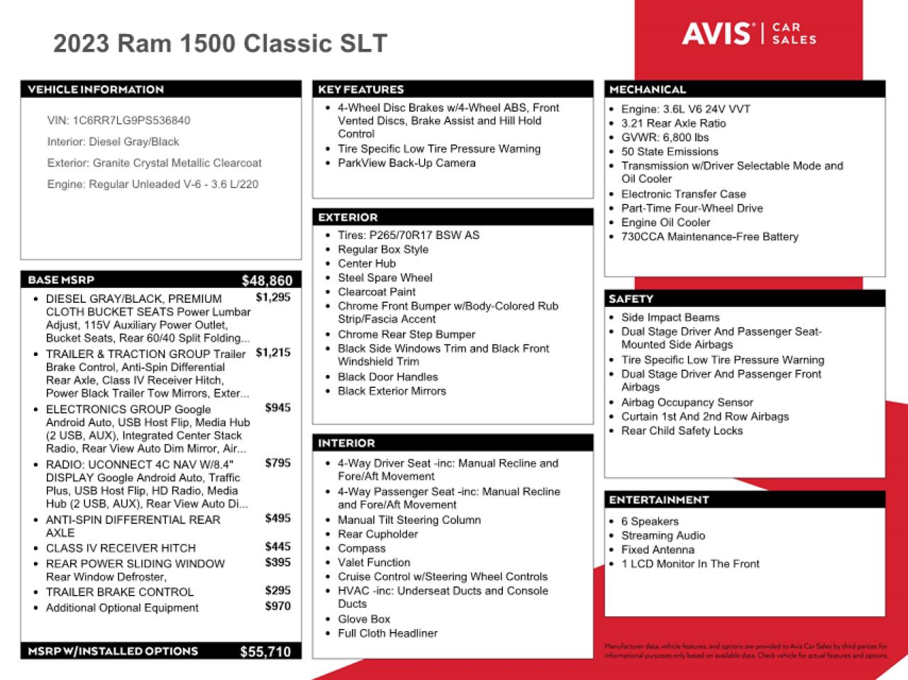 2023 RAM 1500 CLASSIC SLT VIN:1C6RR7LG9PS536840