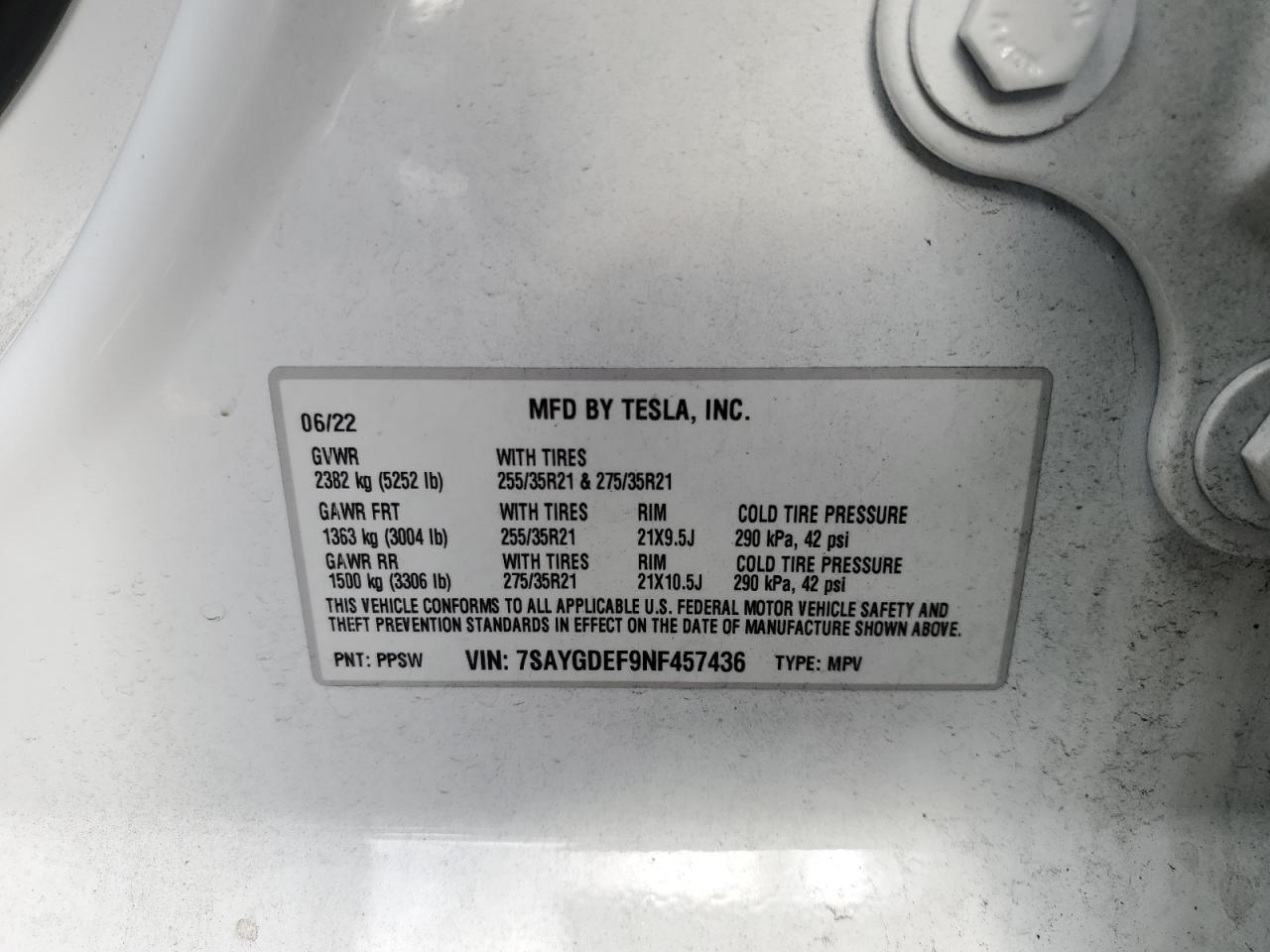 2022 TESLA MODEL Y  VIN:7SAYGDEF9NF457436