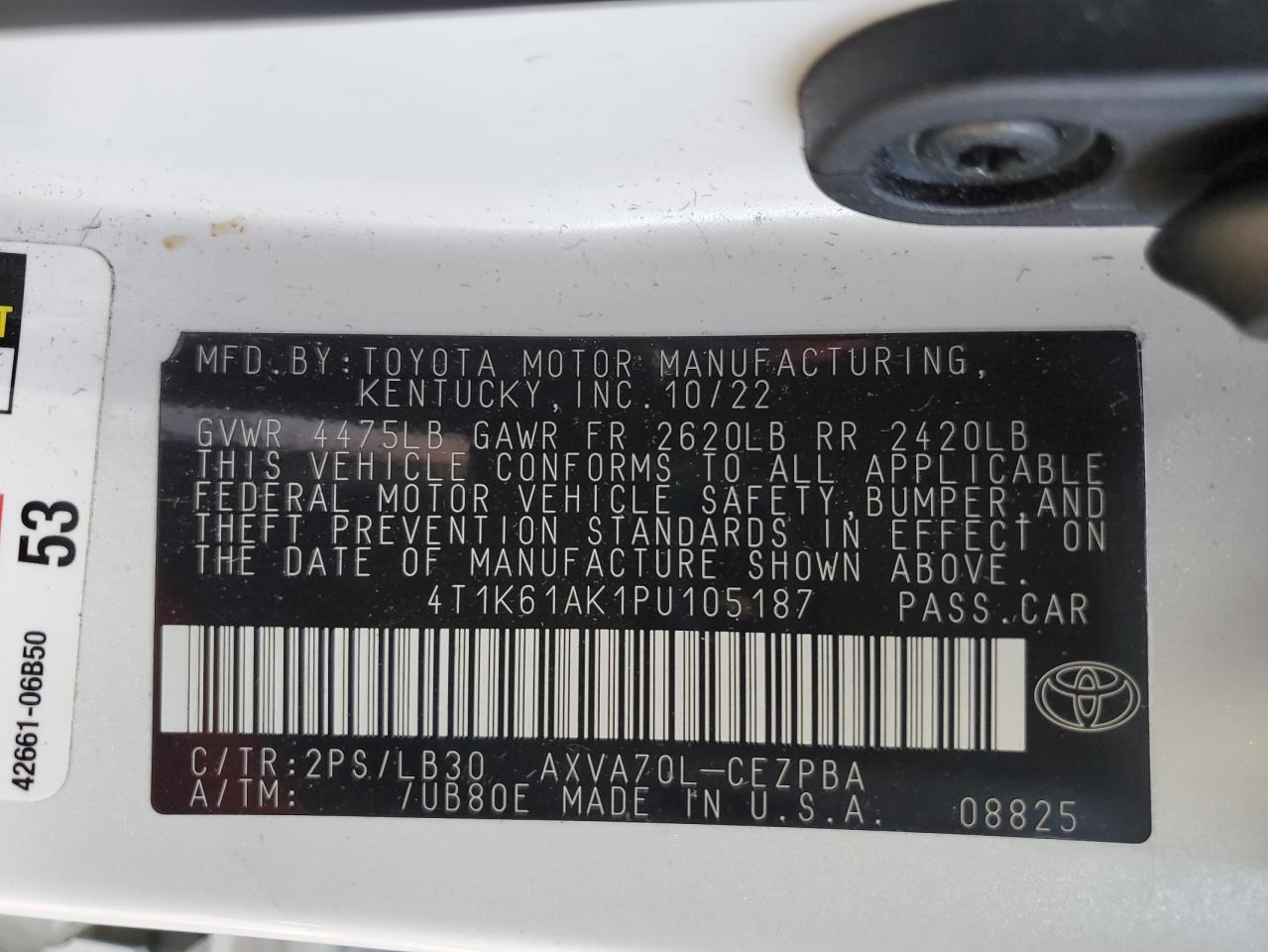 2023 TOYOTA CAMRY XSE VIN:4T1K61AK1PU105187