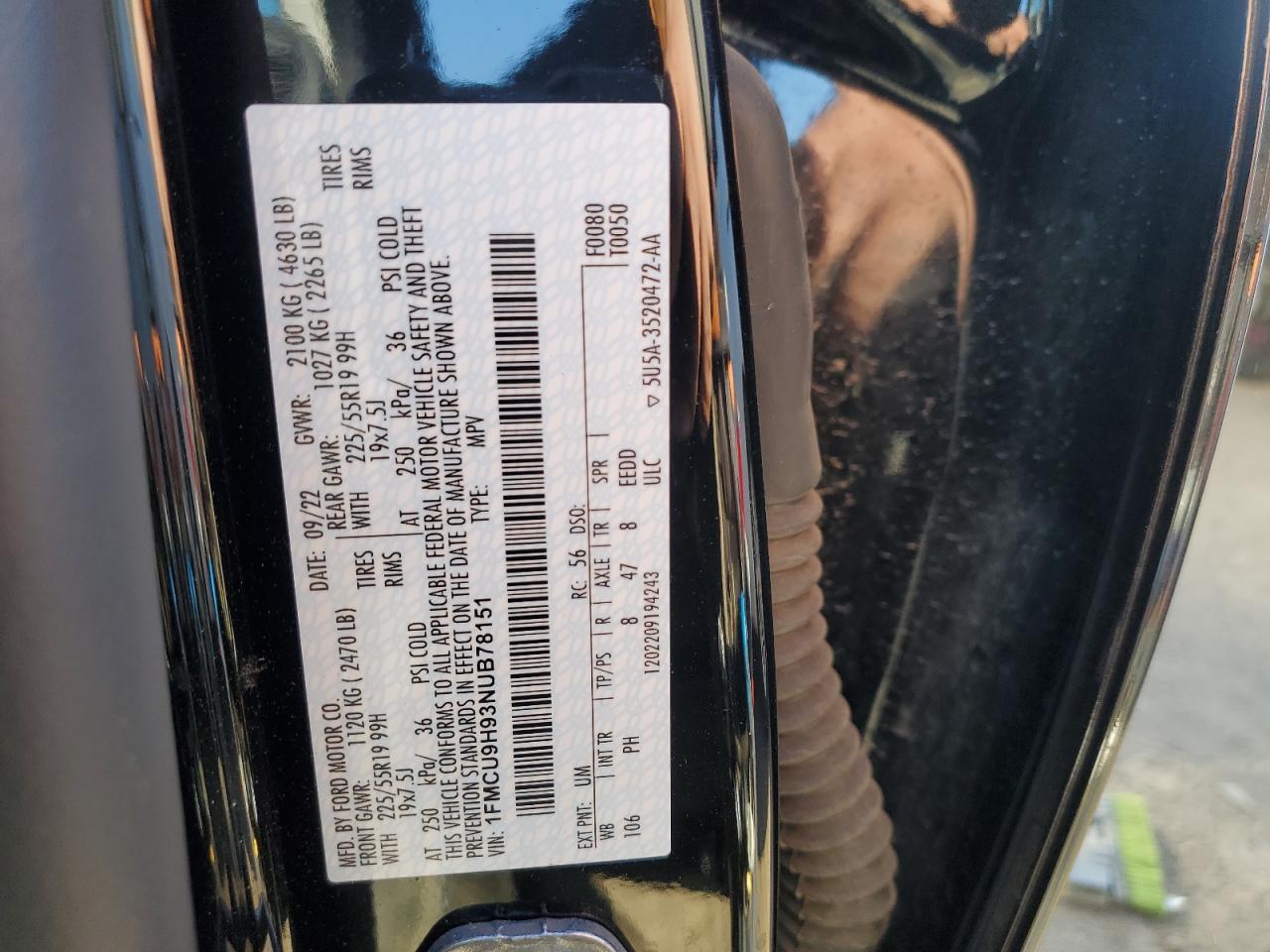 2022 FORD ESCAPE SEL VIN:1FMCU9H93NUB78151