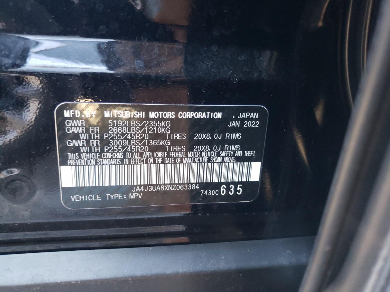 2022 MITSUBISHI OUTLANDER SE VIN:JA4J3UA8XNZ063384