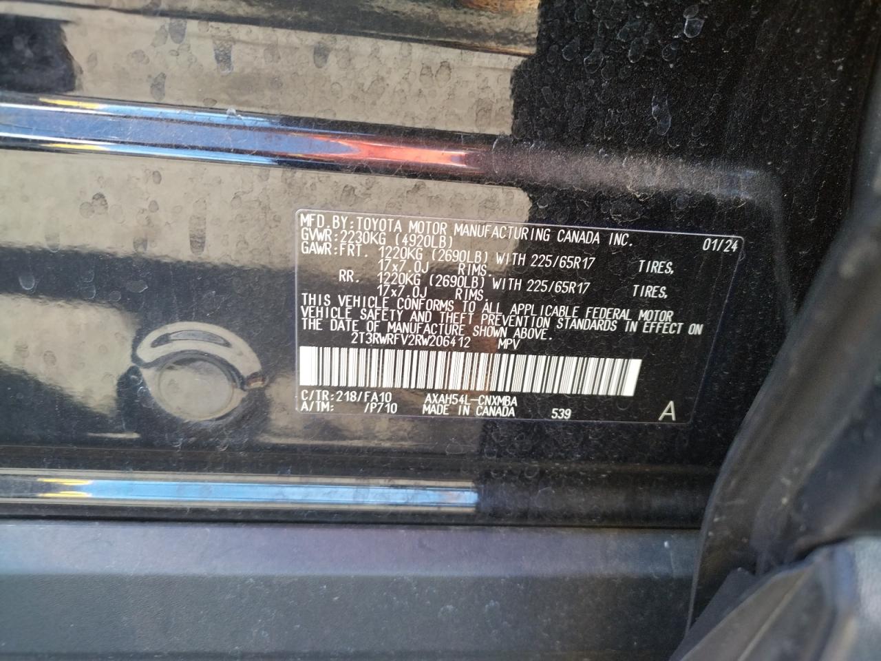 2024 TOYOTA RAV4 XLE VIN:2T3RWRFV2RW206412