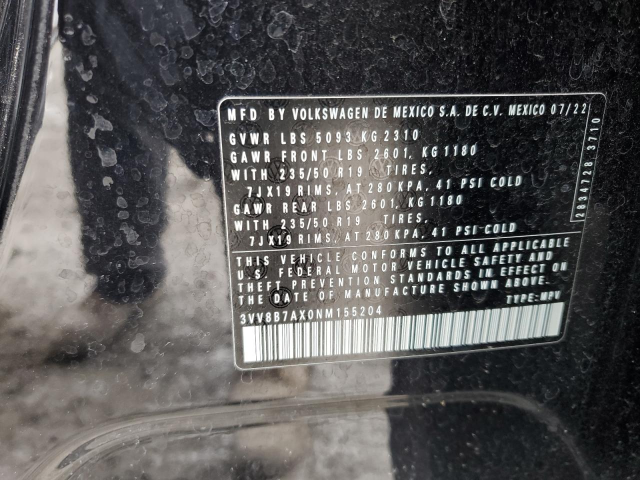 2022 VOLKSWAGEN TIGUAN SE R-LINE BLACK VIN:3VV8B7AX0NM155204