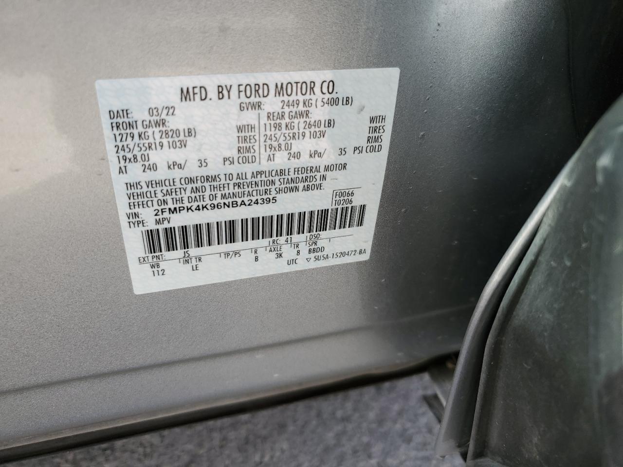 2022 FORD EDGE TITANIUM VIN:2FMPK4K96NBA24395