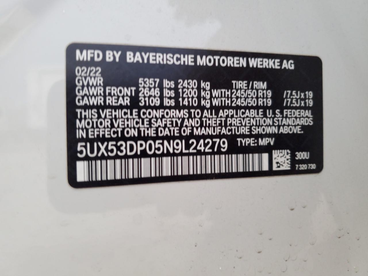 2022 BMW X3 XDRIVE30I VIN:5UX53DP05N9L24279