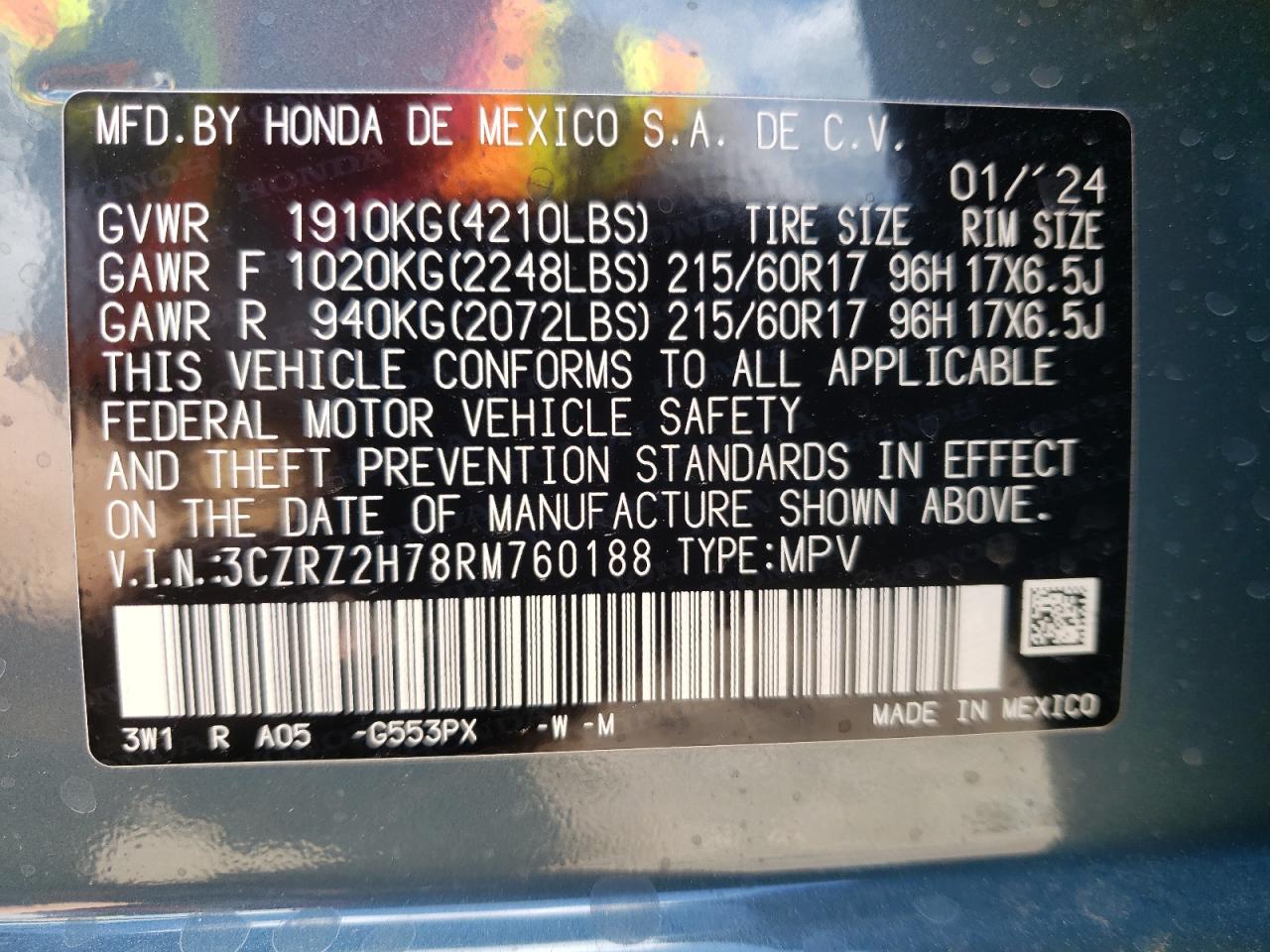 2024 HONDA HR-V EXL VIN:3CZRZ2H78RM760188