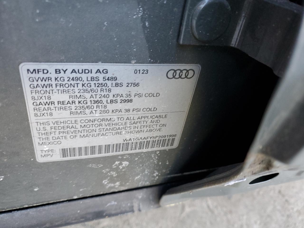 2023 AUDI Q5 PREMIUM 45 VIN:WA1GAAFY5P2091998