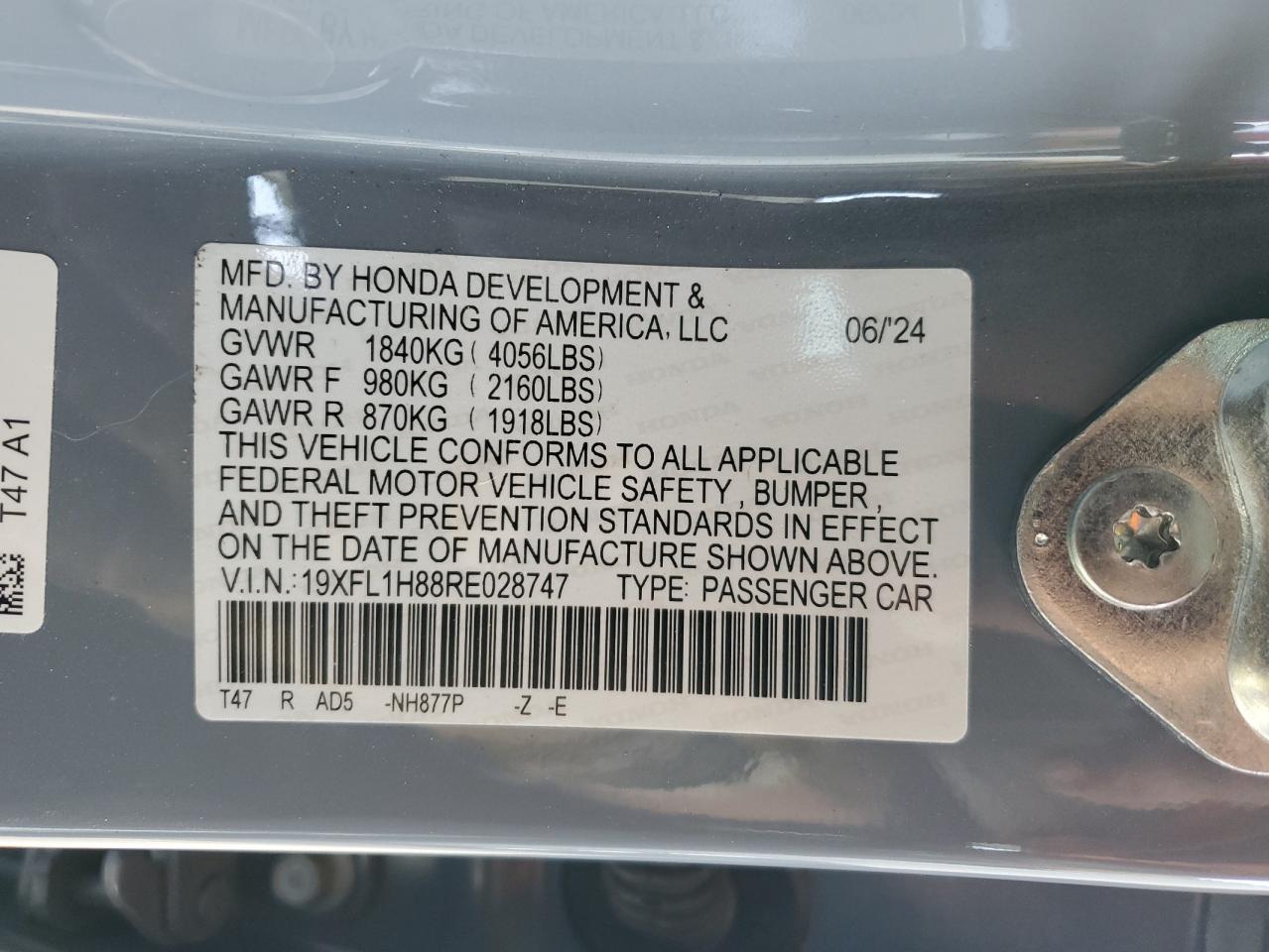 2024 HONDA CIVIC SPORT TOURING VIN:19XFL1H88RE028747
