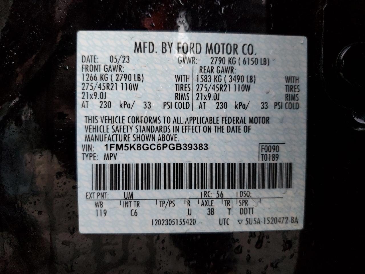 2023 FORD EXPLORER ST VIN:1FM5K8GC6PGB39383