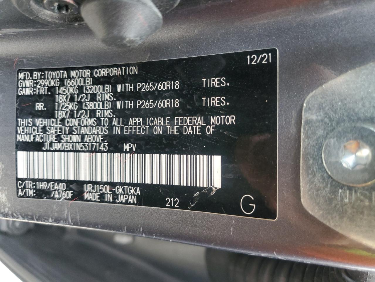 2022 LEXUS GX 460 VIN:JTJAM7BX1N5317143