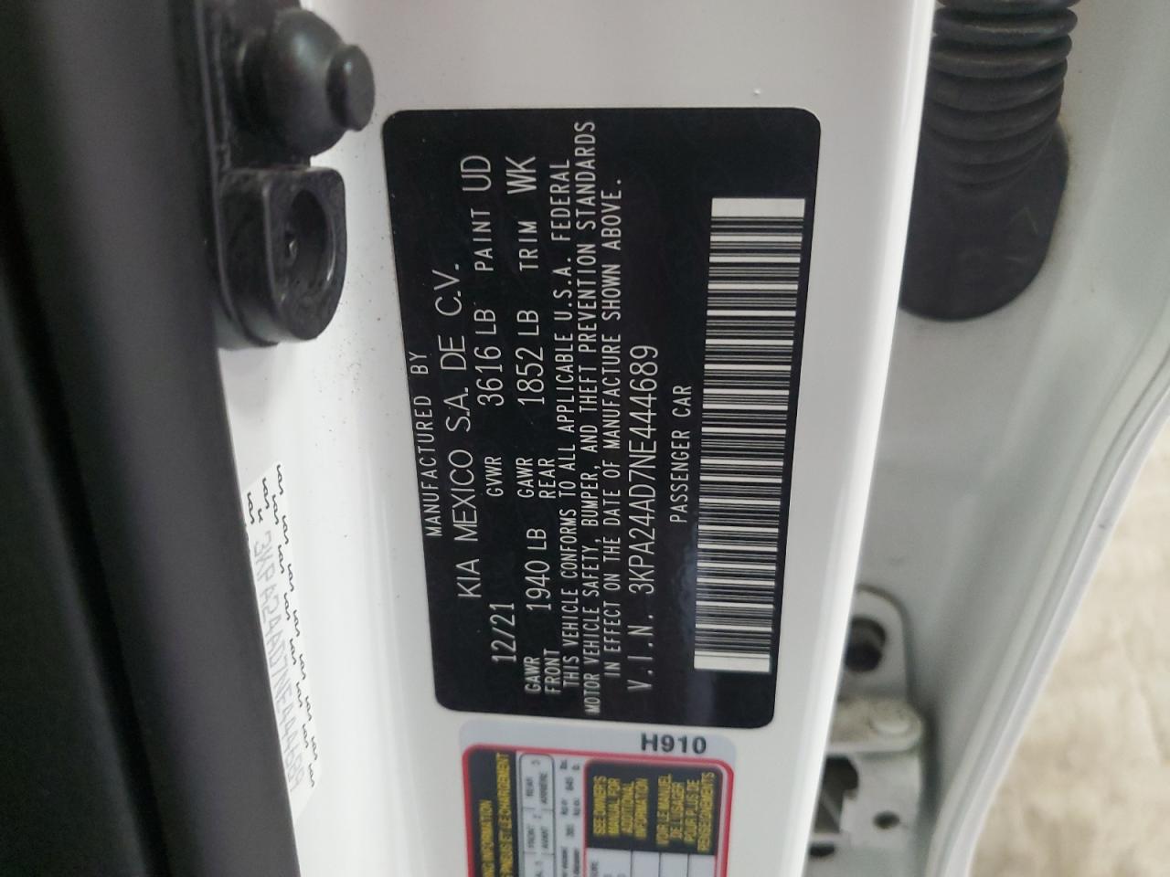 2022 KIA RIO LX VIN:3KPA24AD7NE444689