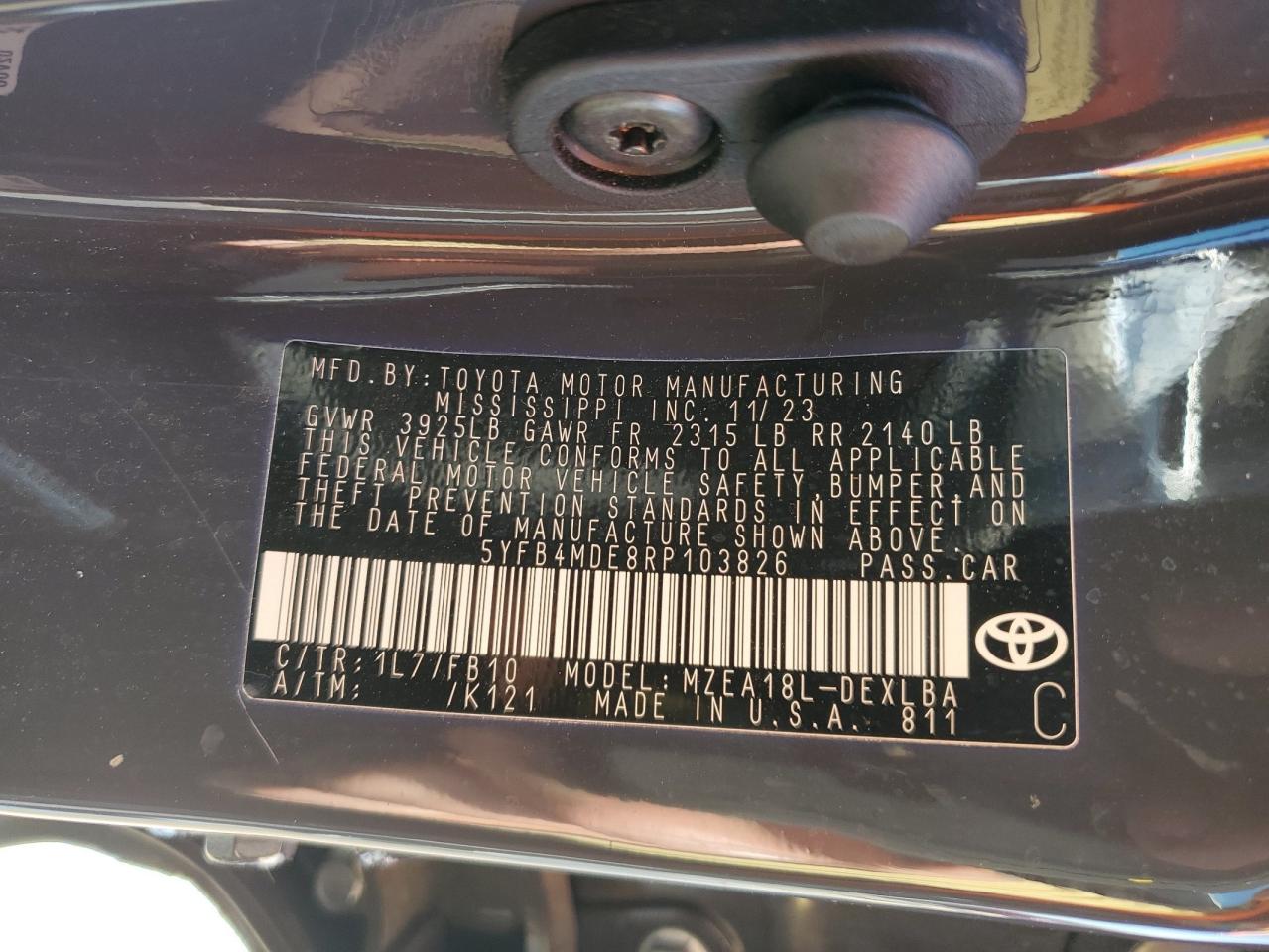 2024 TOYOTA COROLLA LE VIN:5YFB4MDE8RP103826