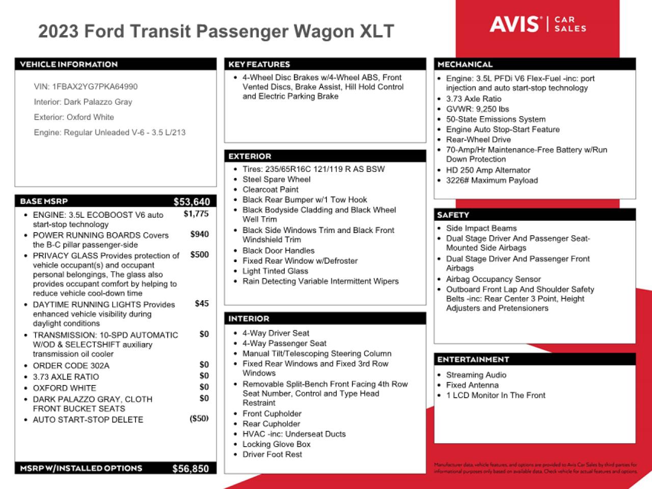 2023 FORD TRANSIT T-350 VIN:1FBAX2YG7PKA64990