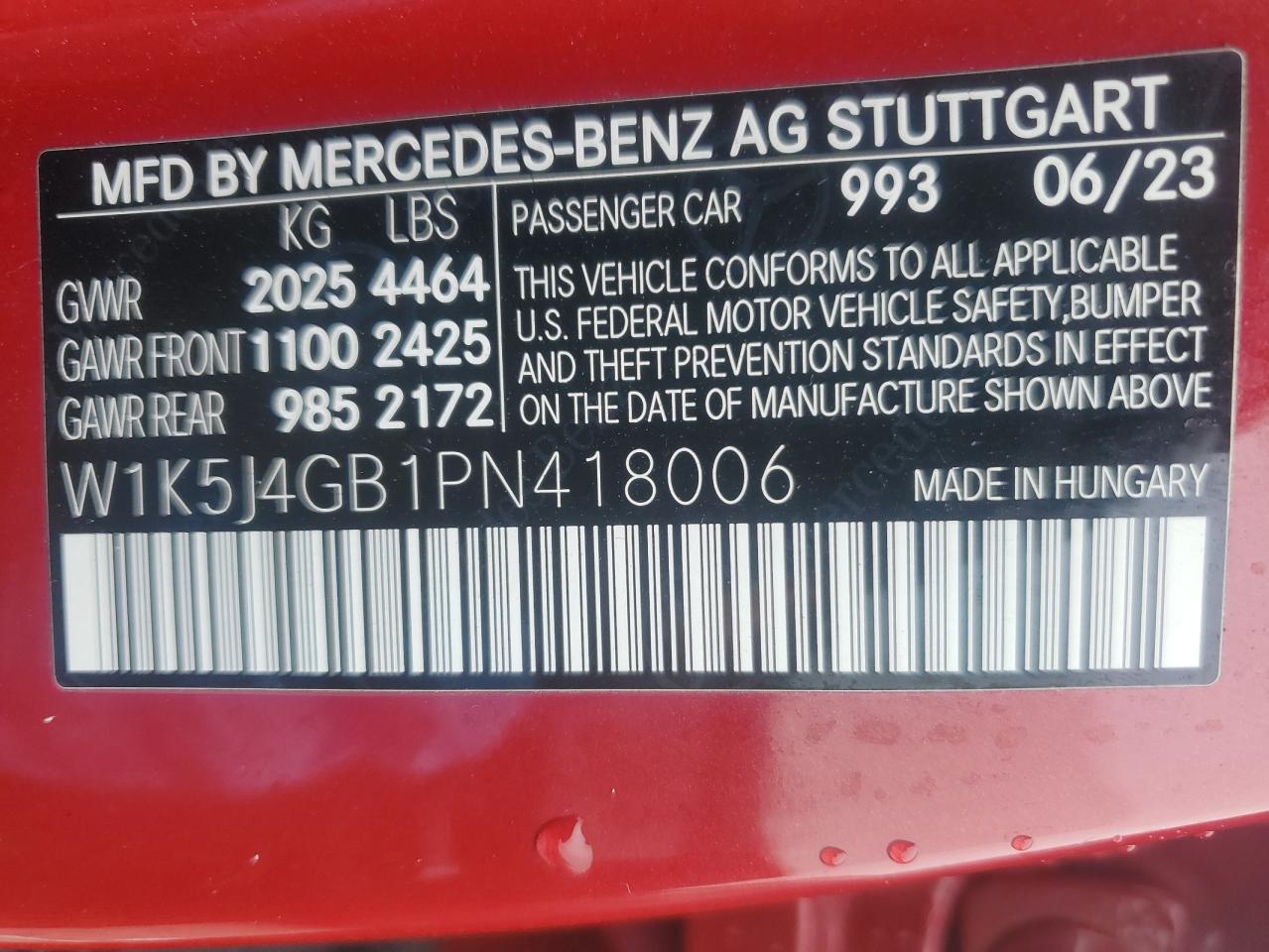 2023 MERCEDES-BENZ CLA 250 VIN:W1K5J4GB1PN418006