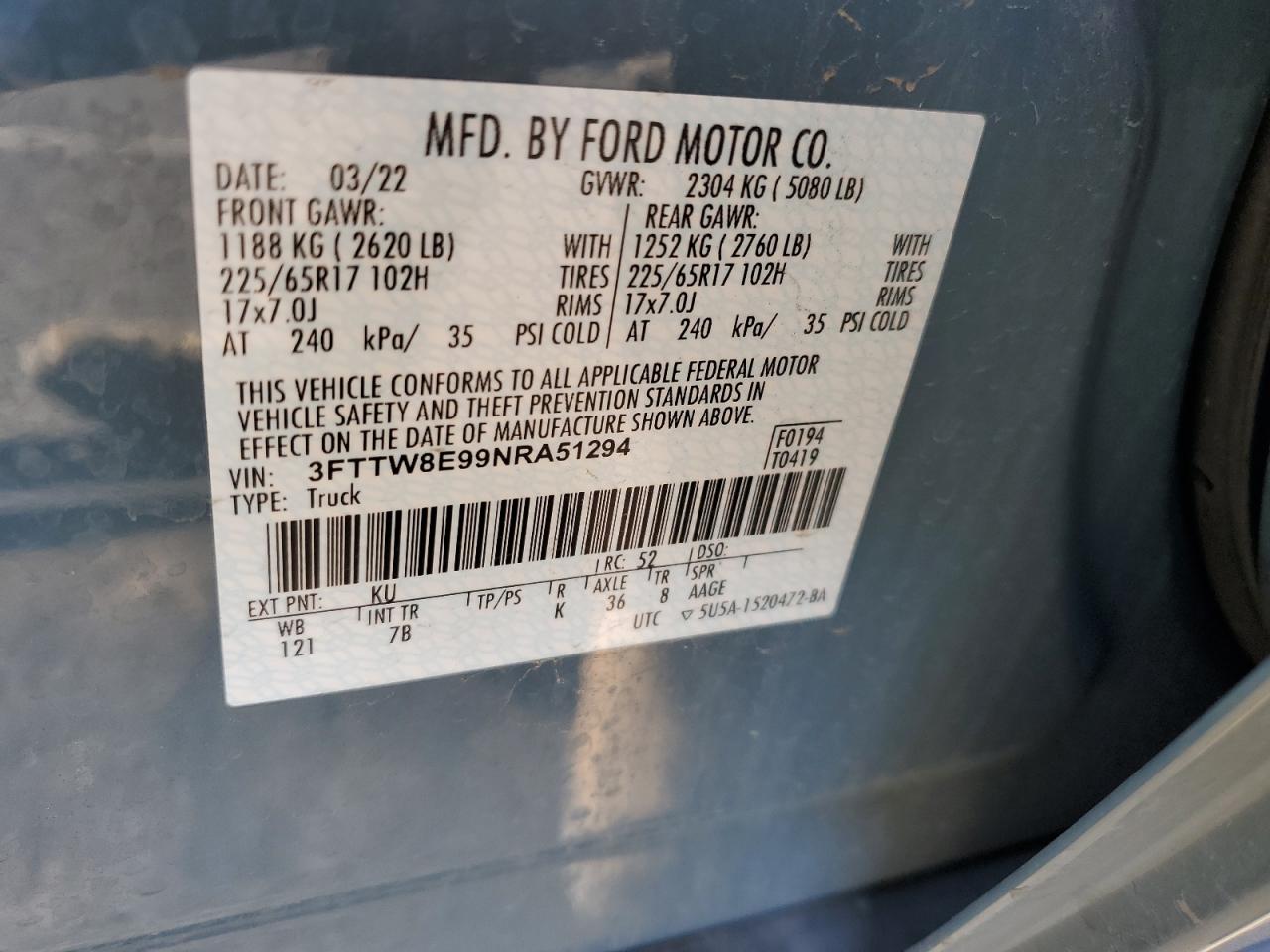 2022 FORD MAVERICK XL VIN:3FTTW8E99NRA51294