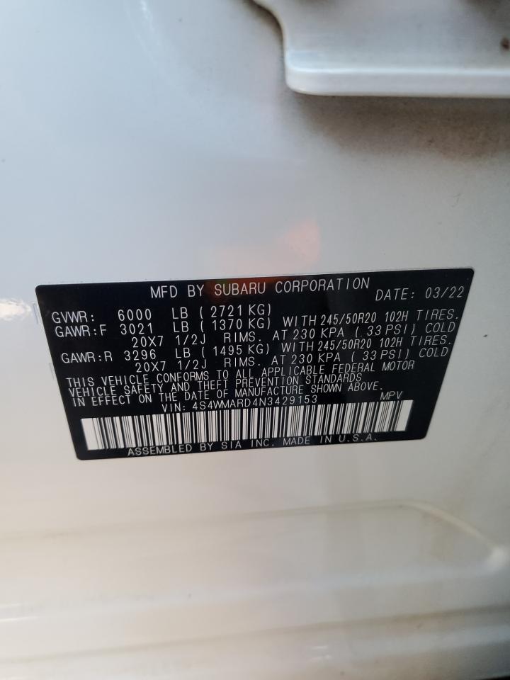 2022 SUBARU ASCENT TOURING VIN:4S4WMARD4N3429153