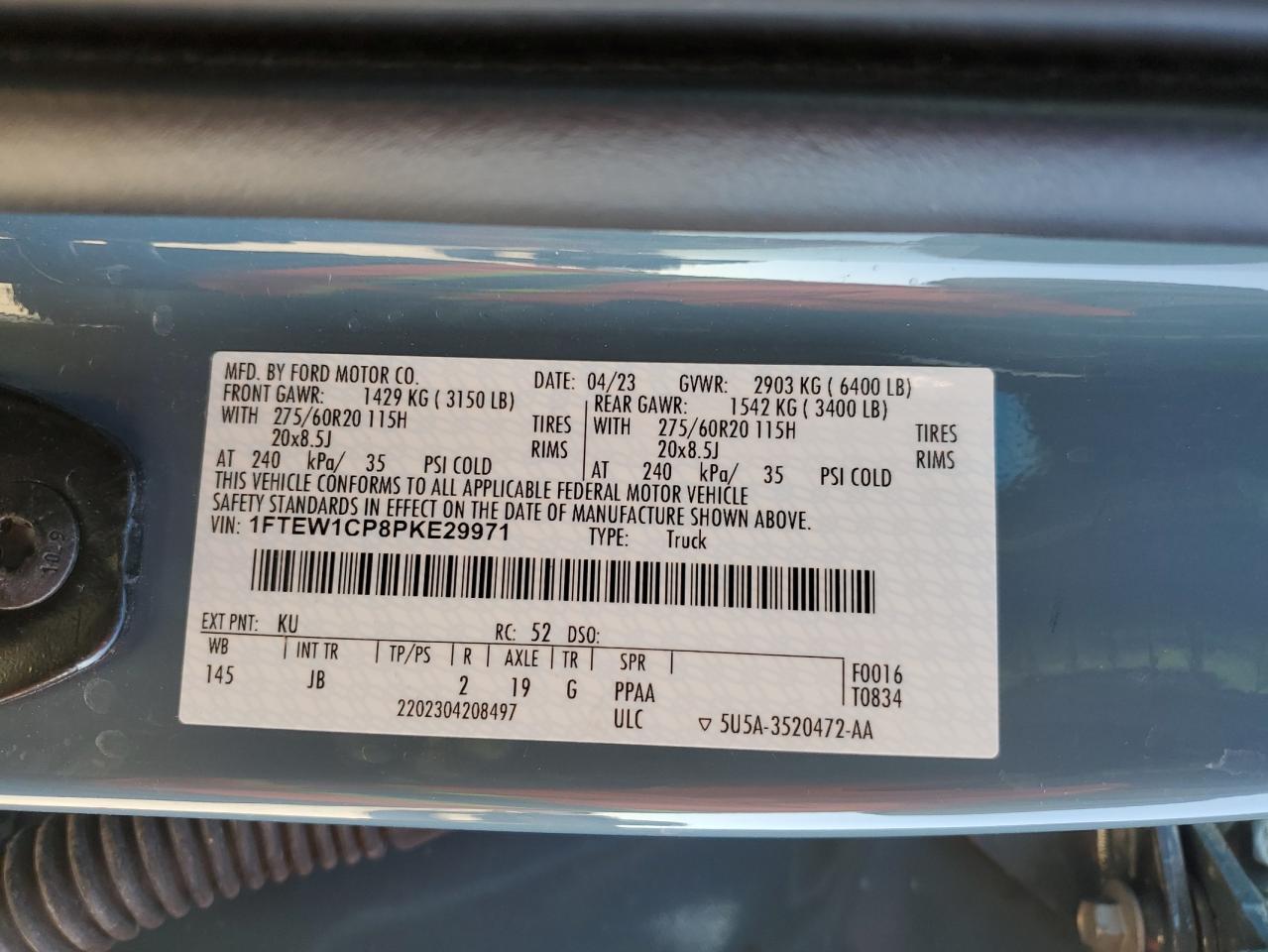 2023 FORD F150 SUPERCREW VIN:1FTEW1CP8PKE29971