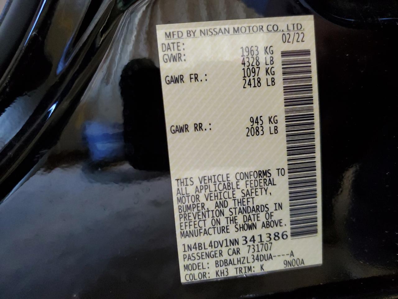 2022 NISSAN ALTIMA SV VIN:1N4BL4DV1NN341386
