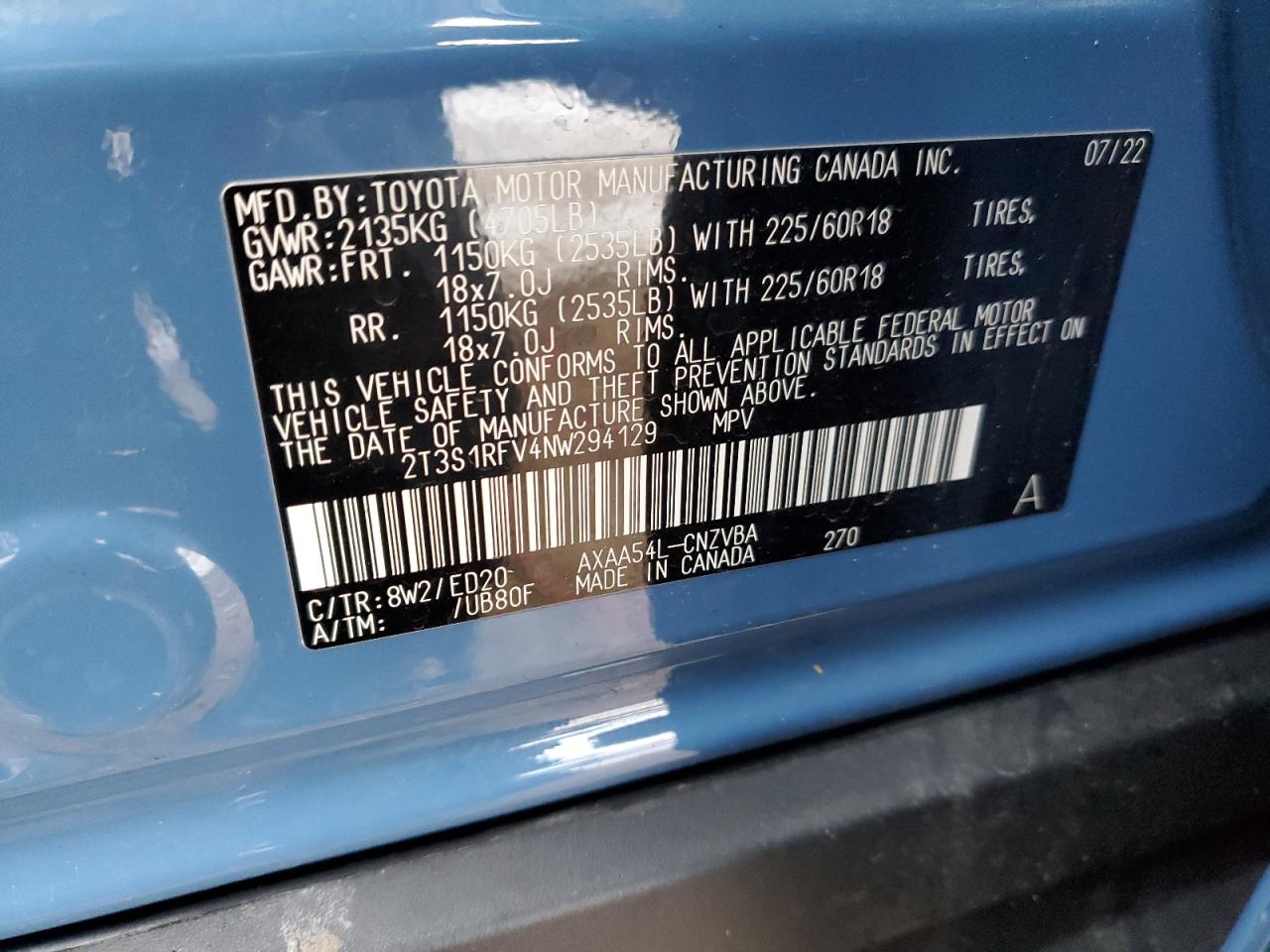 2022 TOYOTA RAV4 TRD OFF ROAD VIN:2T3S1RFV4NW294129