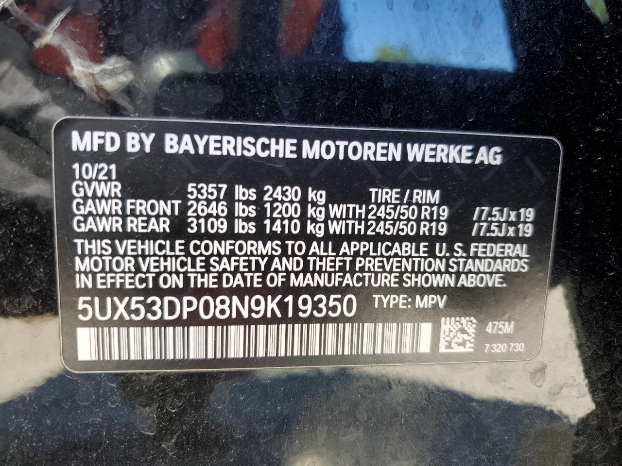 2022 BMW X3 XDRIVE30I VIN:5UX53DP08N9K19350