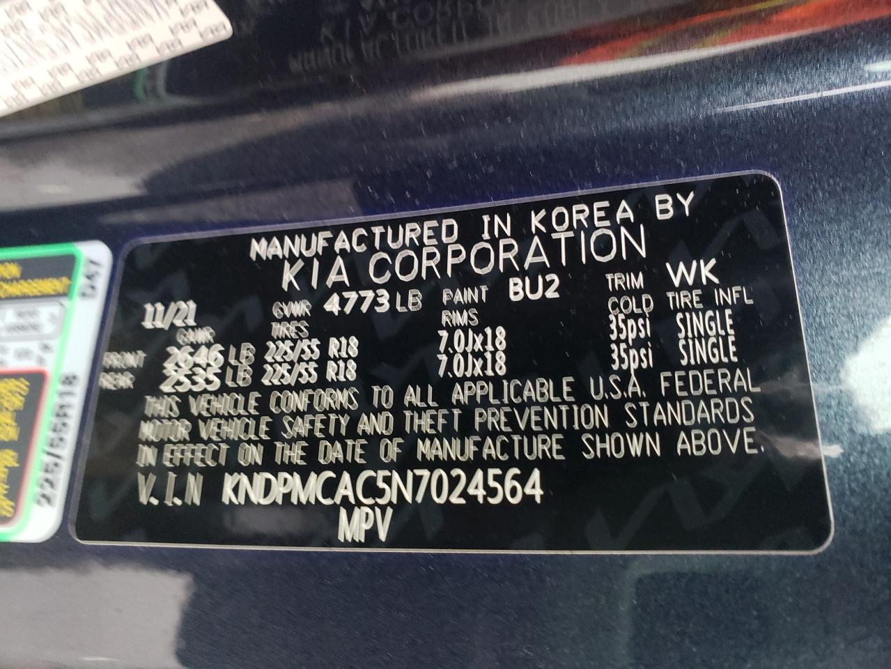 2022 KIA SPORTAGE LX VIN:KNDPMCAC5N7024564