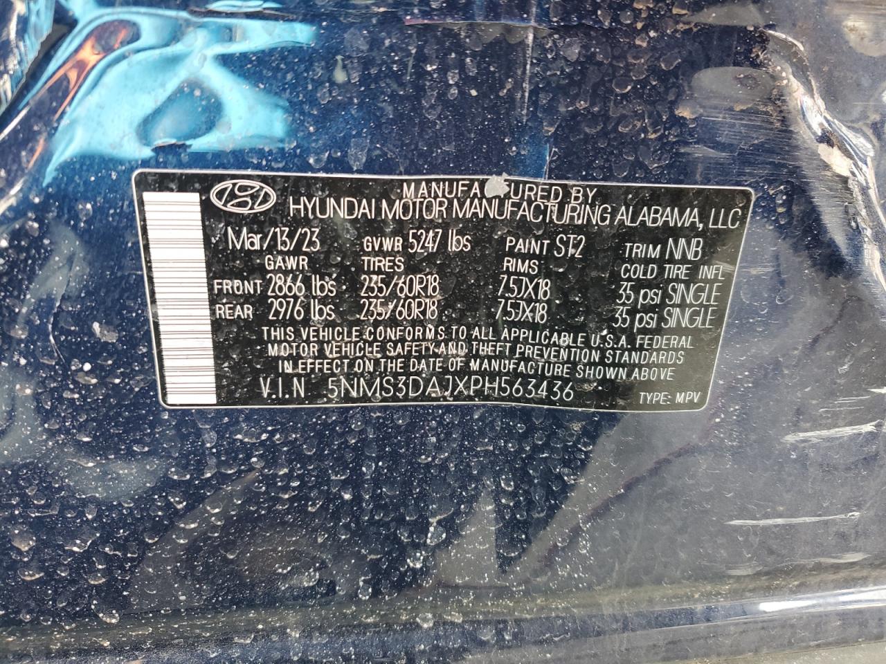 2023 HYUNDAI SANTA FE SEL PREMIUM VIN:5NMS3DAJXPH563436