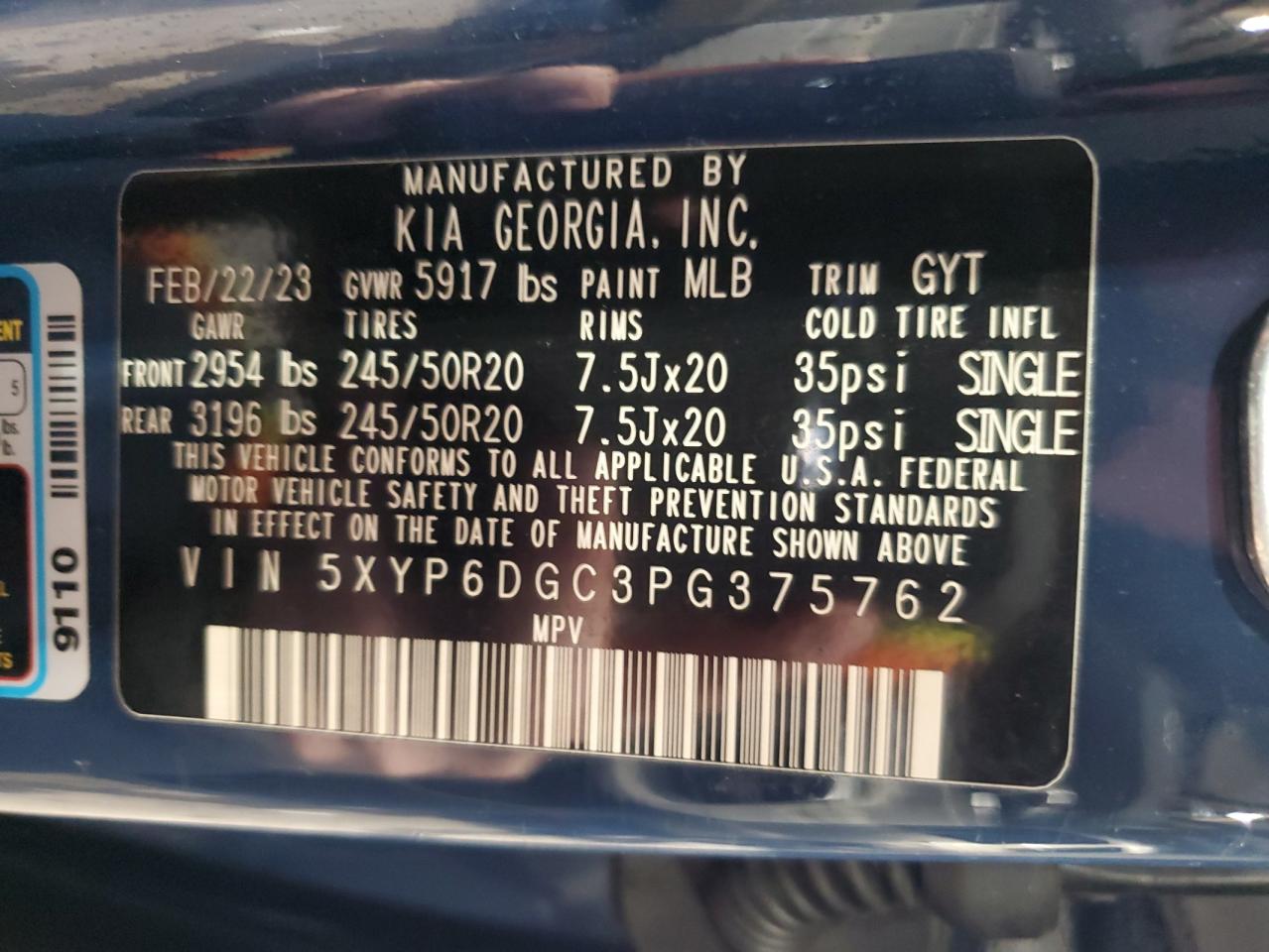 2023 KIA TELLURIDE S VIN:5XYP6DGC3PG375762