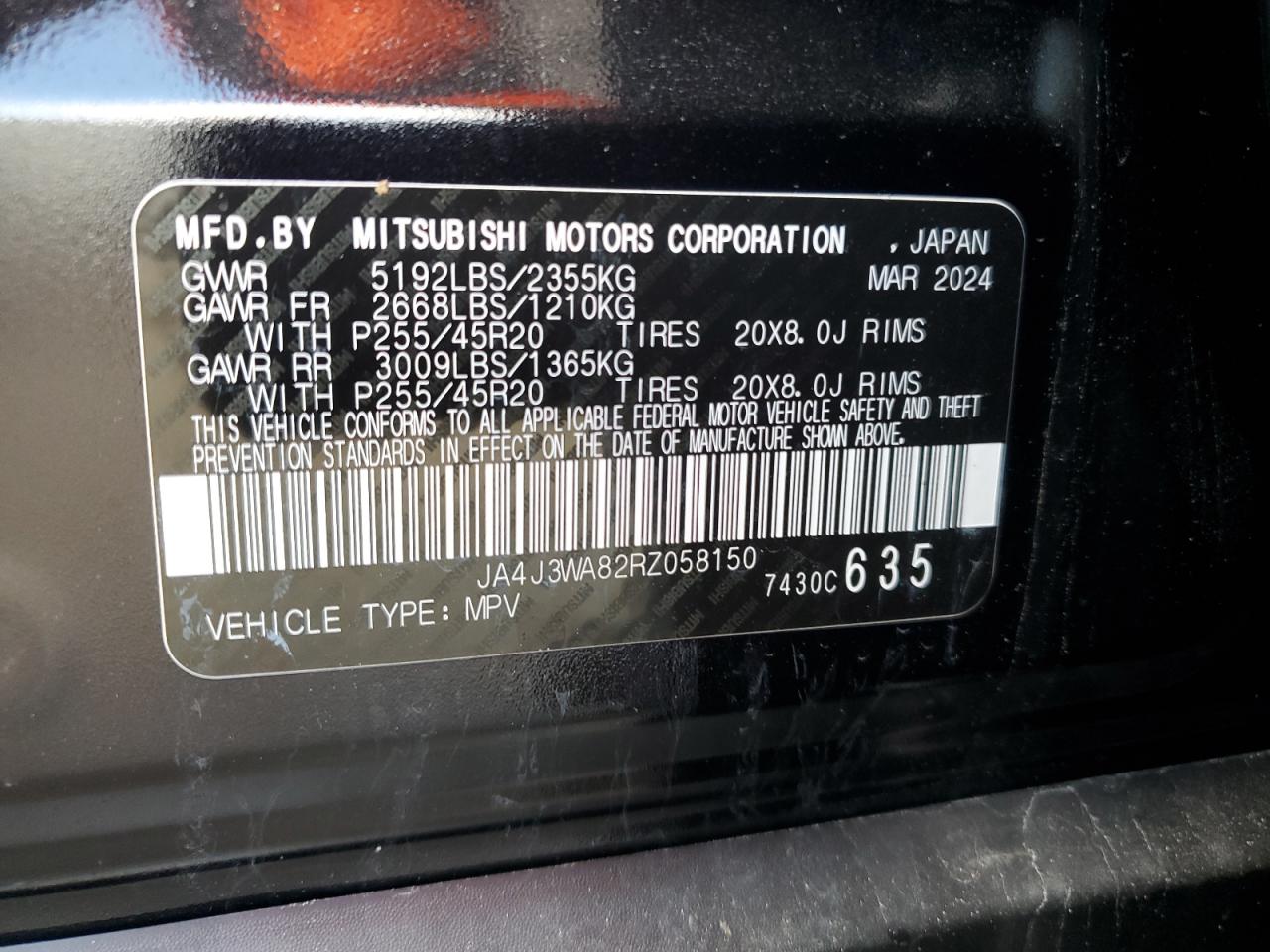 2024 MITSUBISHI OUTLANDER SEL VIN:JA4J3WA82RZ058150