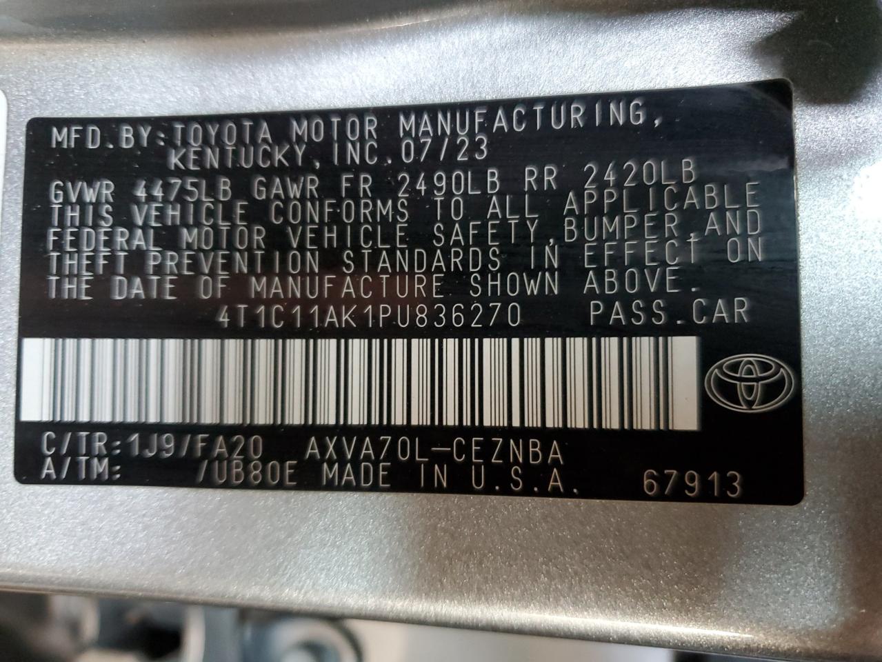 2023 TOYOTA CAMRY LE VIN:4T1C11AK1PU836270