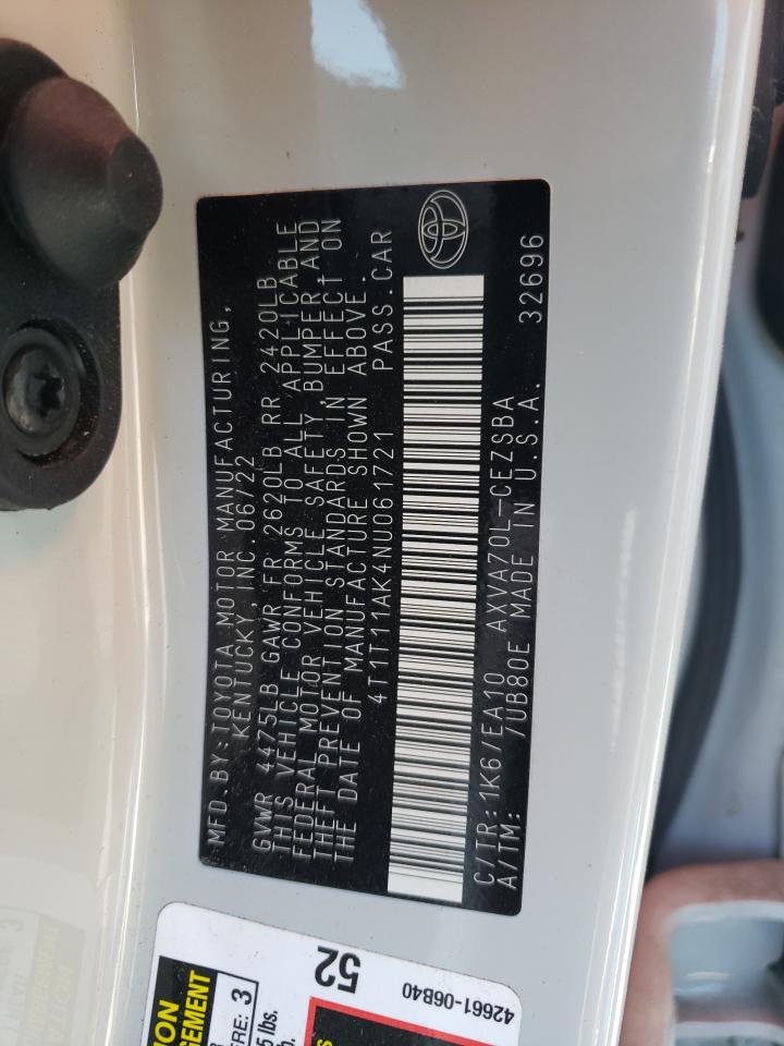 2022 TOYOTA CAMRY SE VIN:4T1T11AK4NU061721