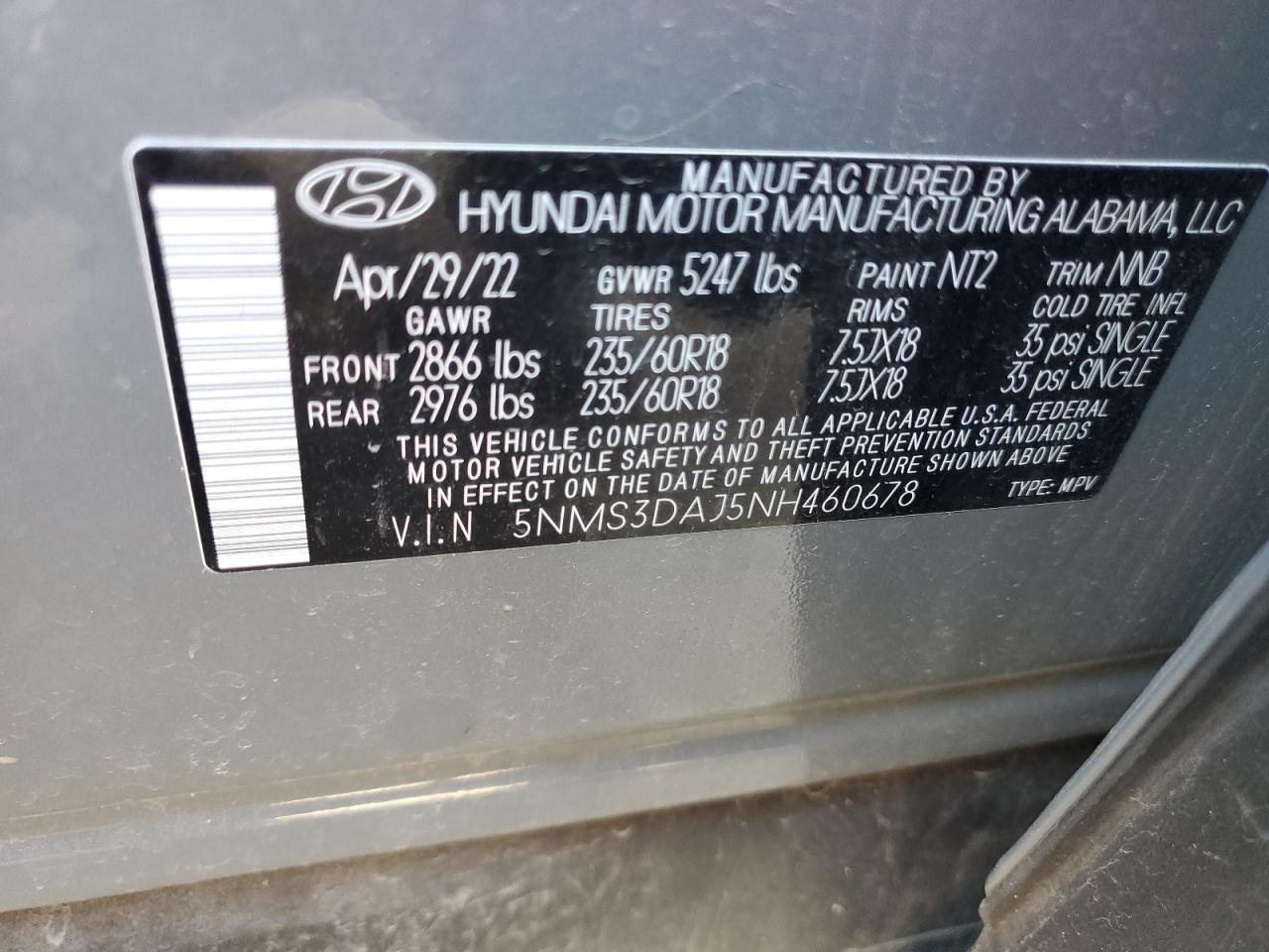 2022 HYUNDAI SANTA FE SEL VIN:5NMS3DAJ5NH460678