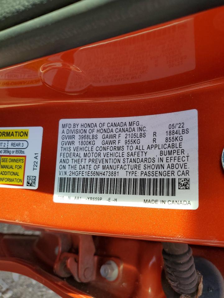 2022 HONDA CIVIC SI VIN:2HGFE1E56NH473881