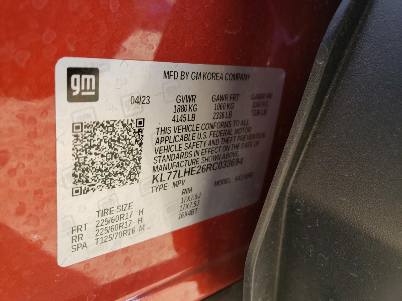 2024 CHEVROLET TRAX 1LT VIN:KL77LHE26RC038694