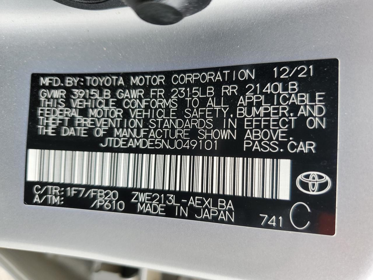 2022 TOYOTA COROLLA LE VIN:JTDEAMDE5NJ049101