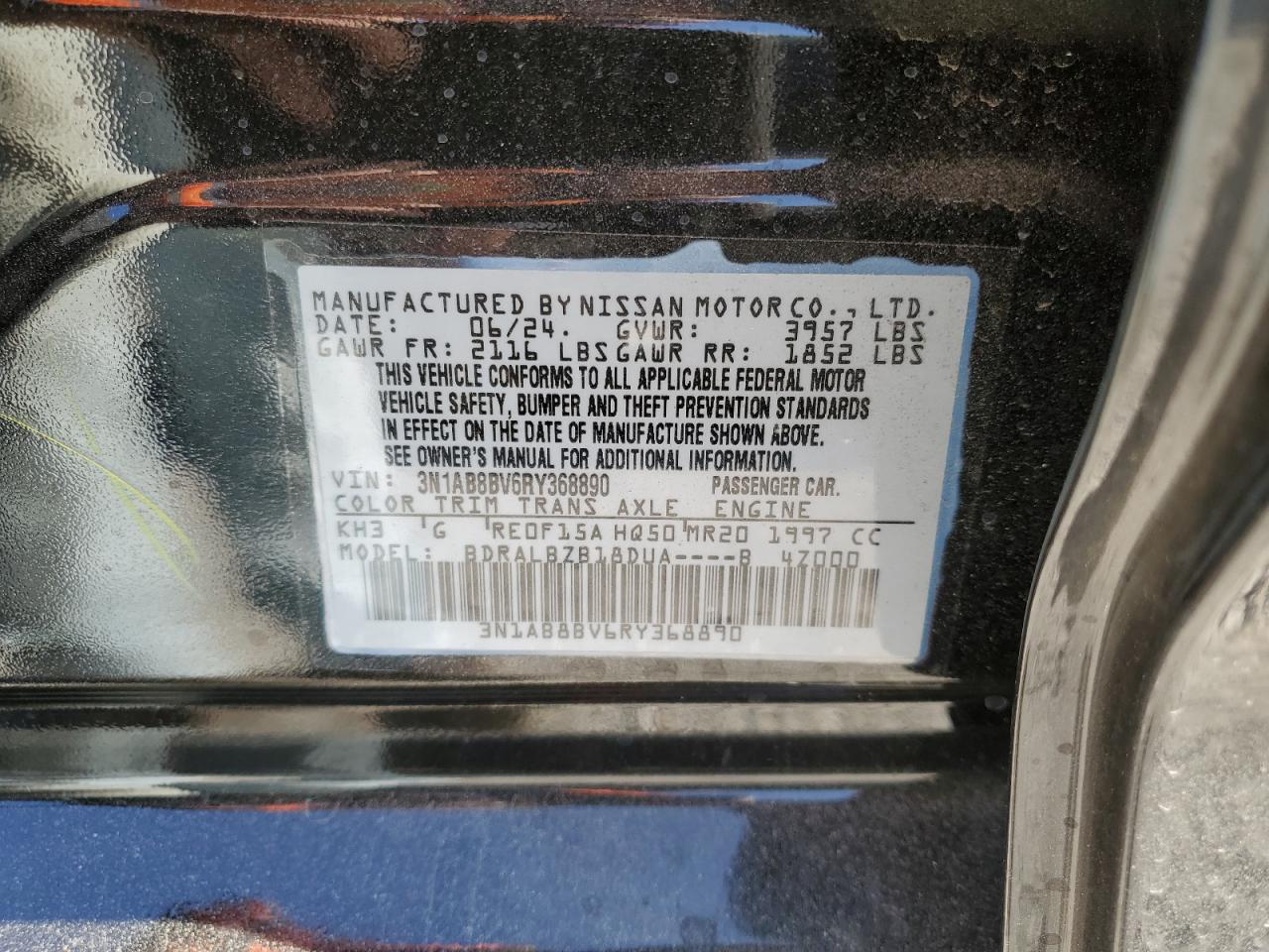 2024 NISSAN SENTRA S VIN:3N1AB8BV6RY368890