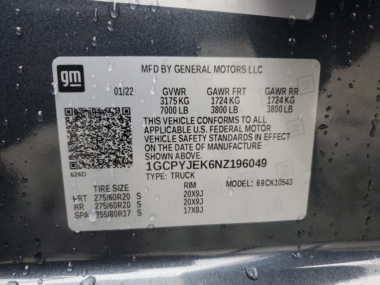 2022 CHEVROLET SILVERADO LTD K1500 LT-L VIN:1GCPYJEK6NZ196049