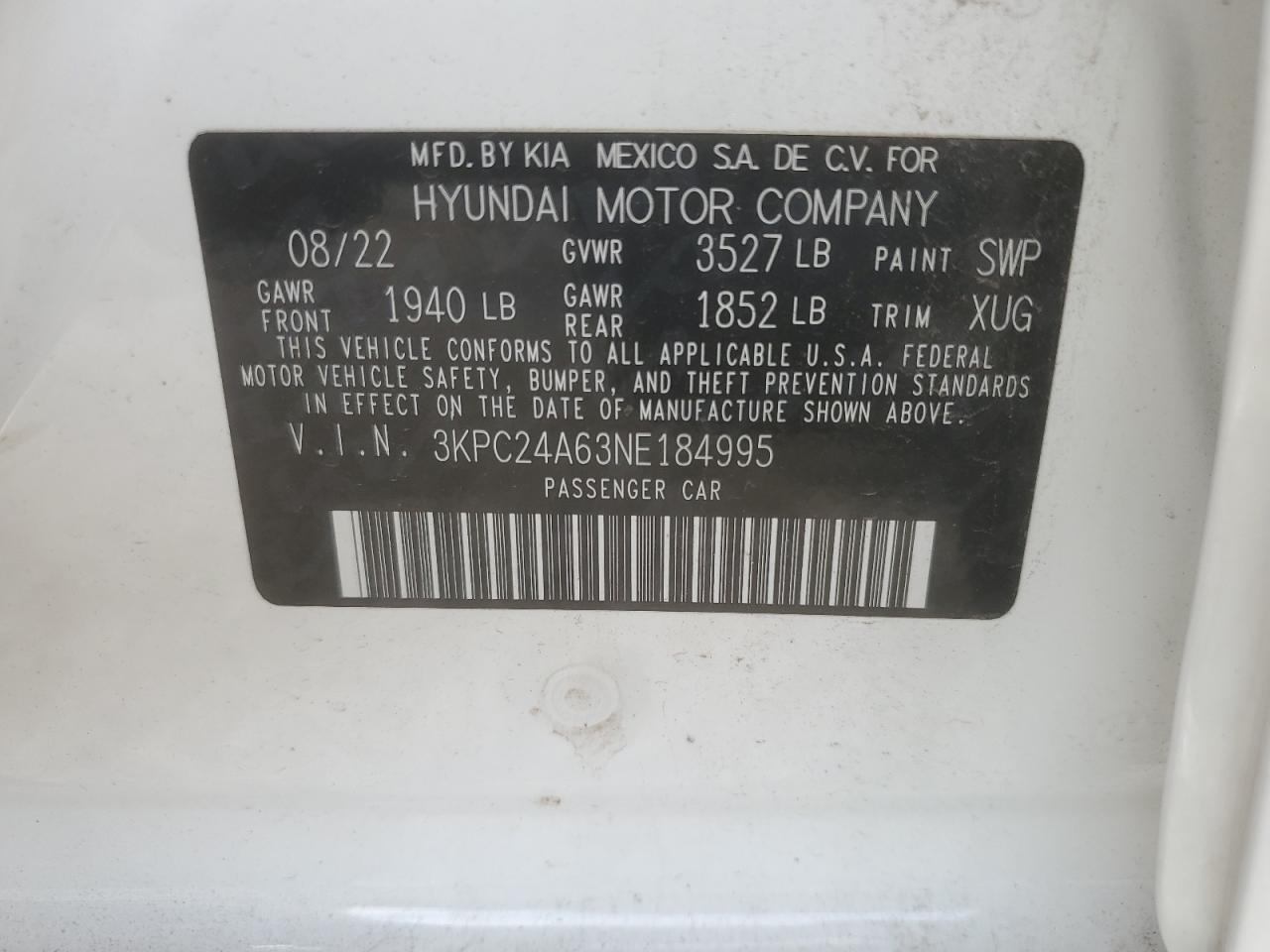 2022 HYUNDAI ACCENT SE VIN:3KPC24A63NE184995