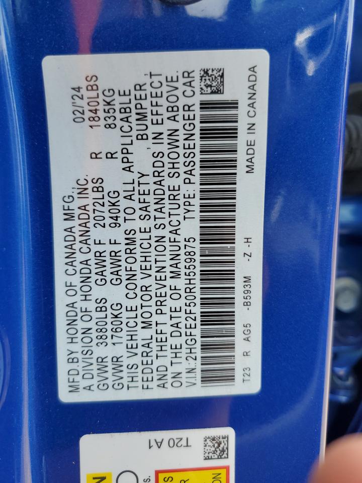 2024 HONDA CIVIC SPORT VIN:2HGFE2F50RH559875