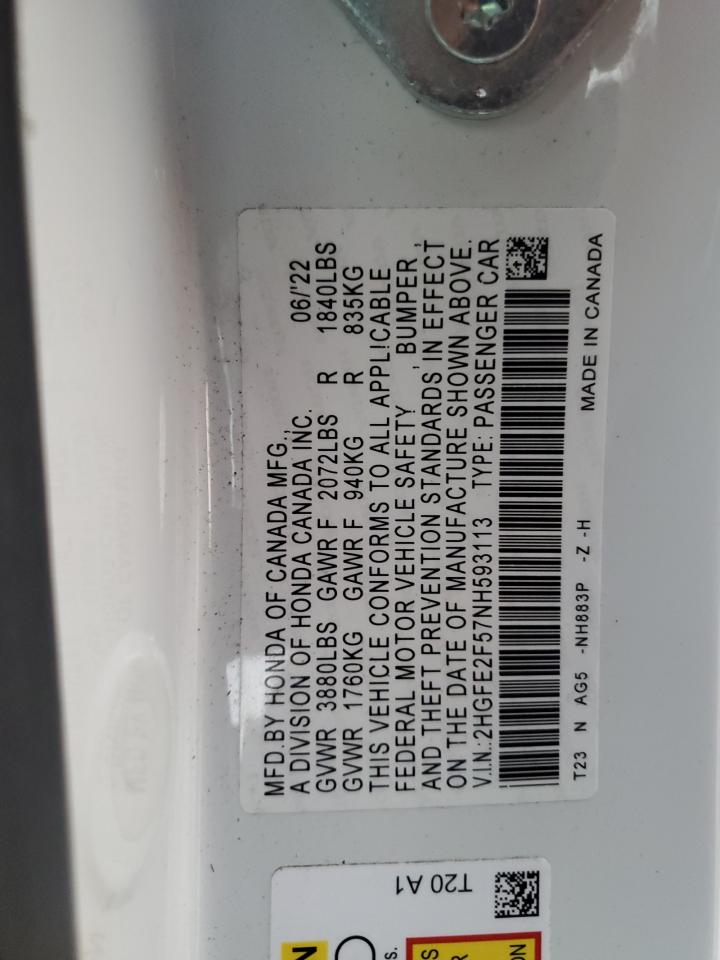 2022 HONDA CIVIC SPORT VIN:2HGFE2F57NH593113