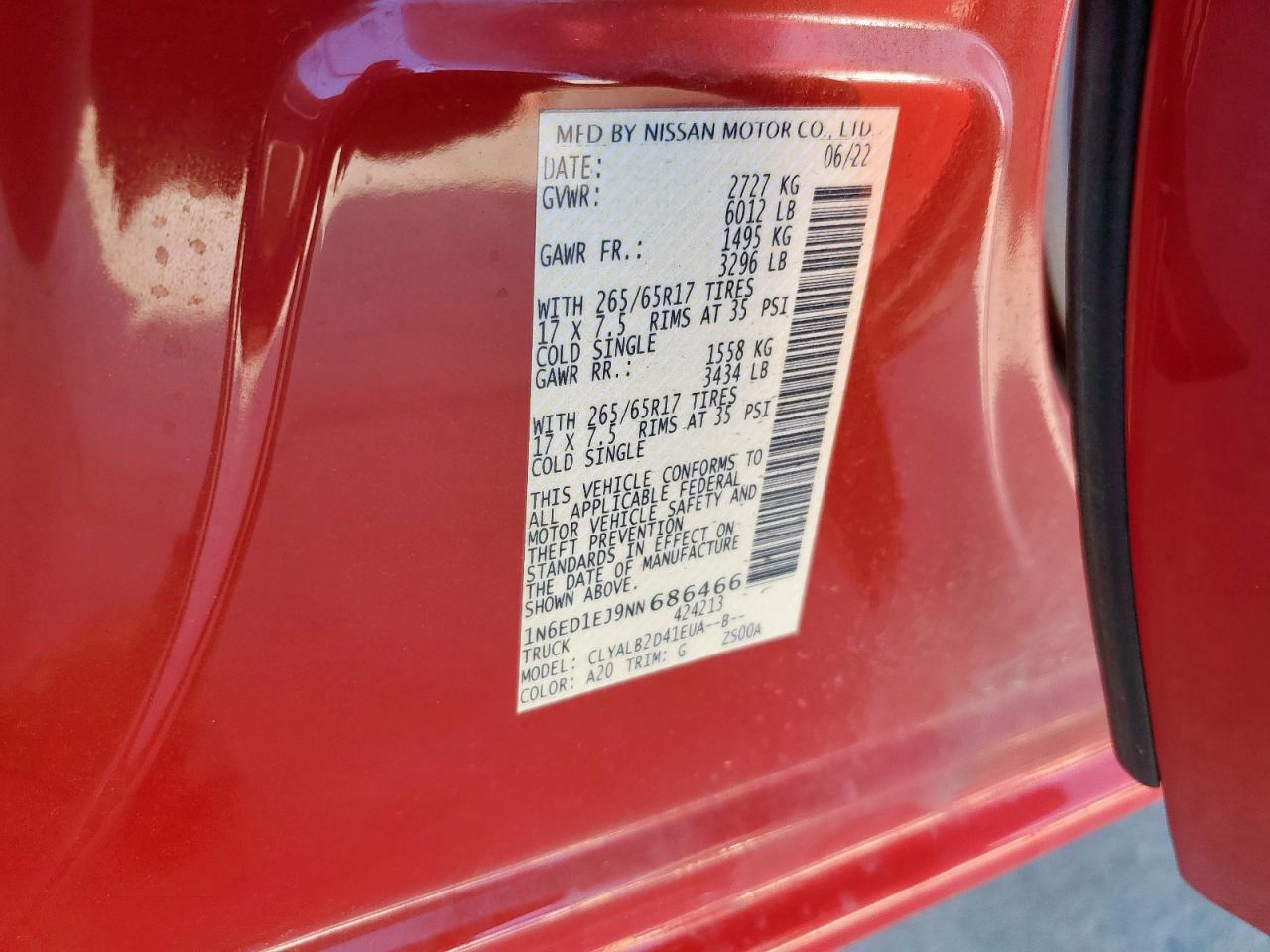 2022 NISSAN FRONTIER S VIN:1N6ED1EJ9NN686466
