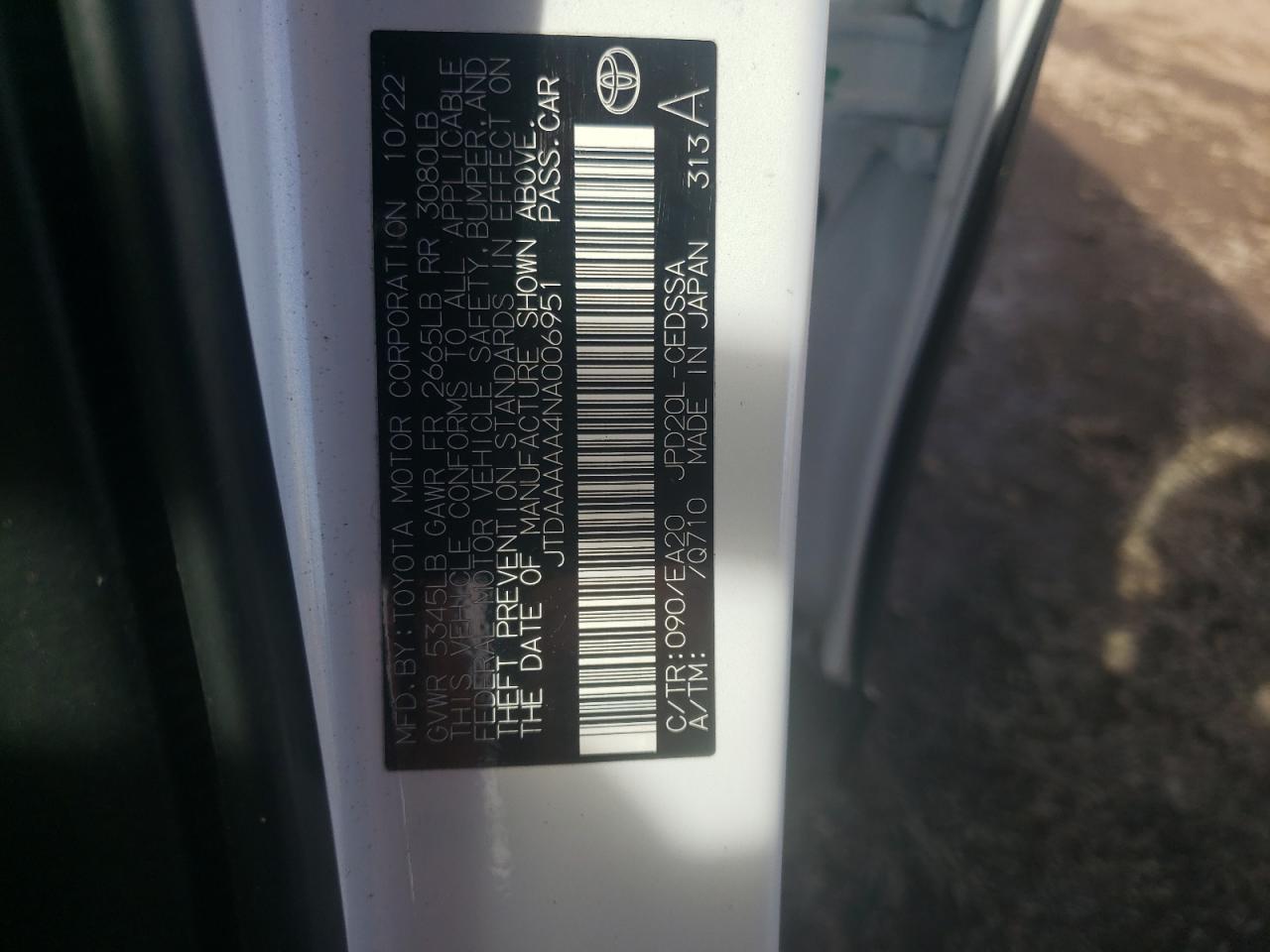 2022 TOYOTA MIRAI LE VIN:JTDAAAAA4NA006951