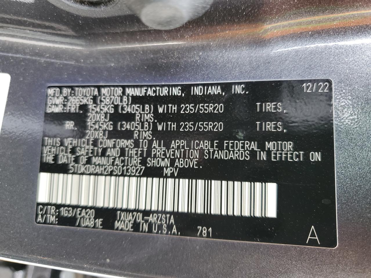 2023 TOYOTA HIGHLANDER L VIN:5TDKDRAH2PS013927