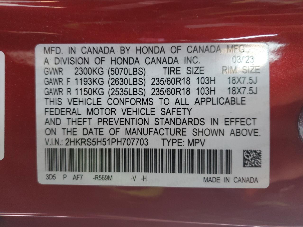 2023 HONDA CR-V SPORT VIN:2HKRS5H51PH707703