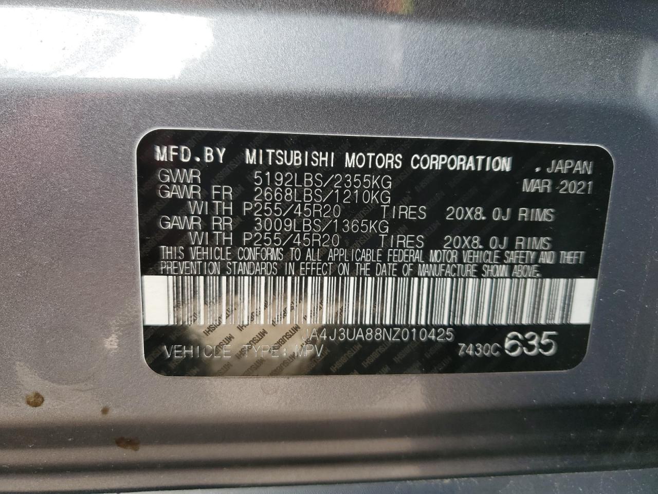 2022 MITSUBISHI OUTLANDER SE VIN:JA4J3UA88NZ010425