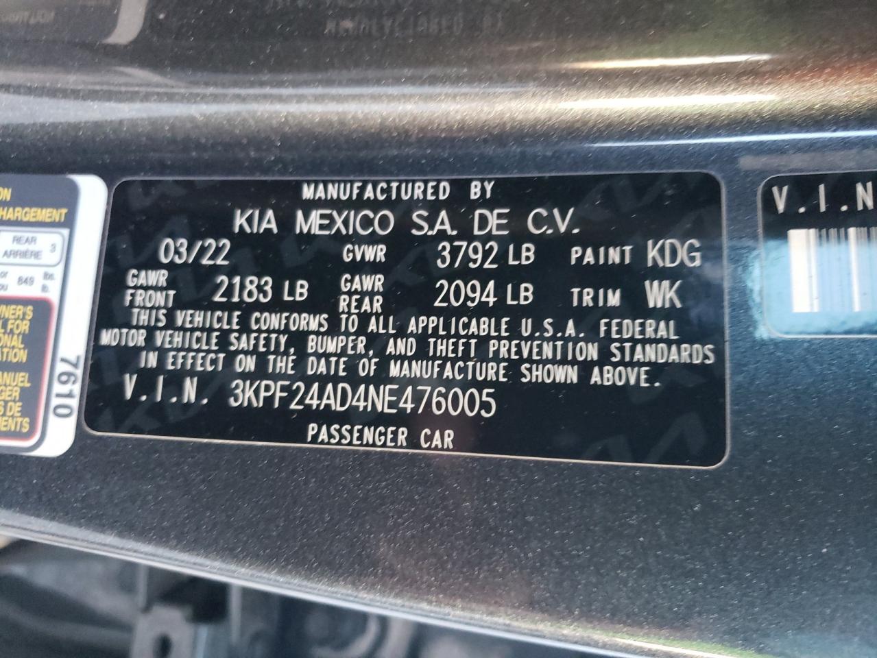 2022 KIA FORTE FE VIN:3KPF24AD4NE476005