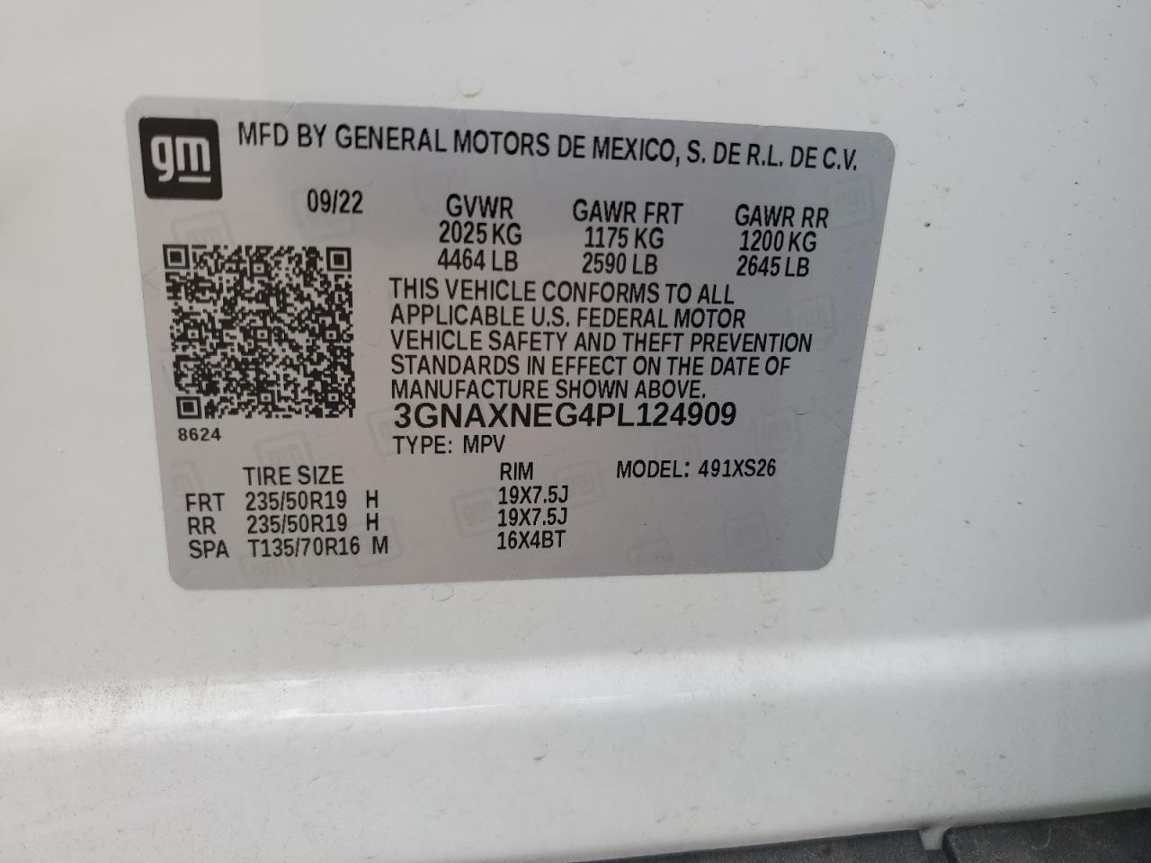 2023 CHEVROLET EQUINOX PREMIER VIN:3GNAXNEG4PL124909