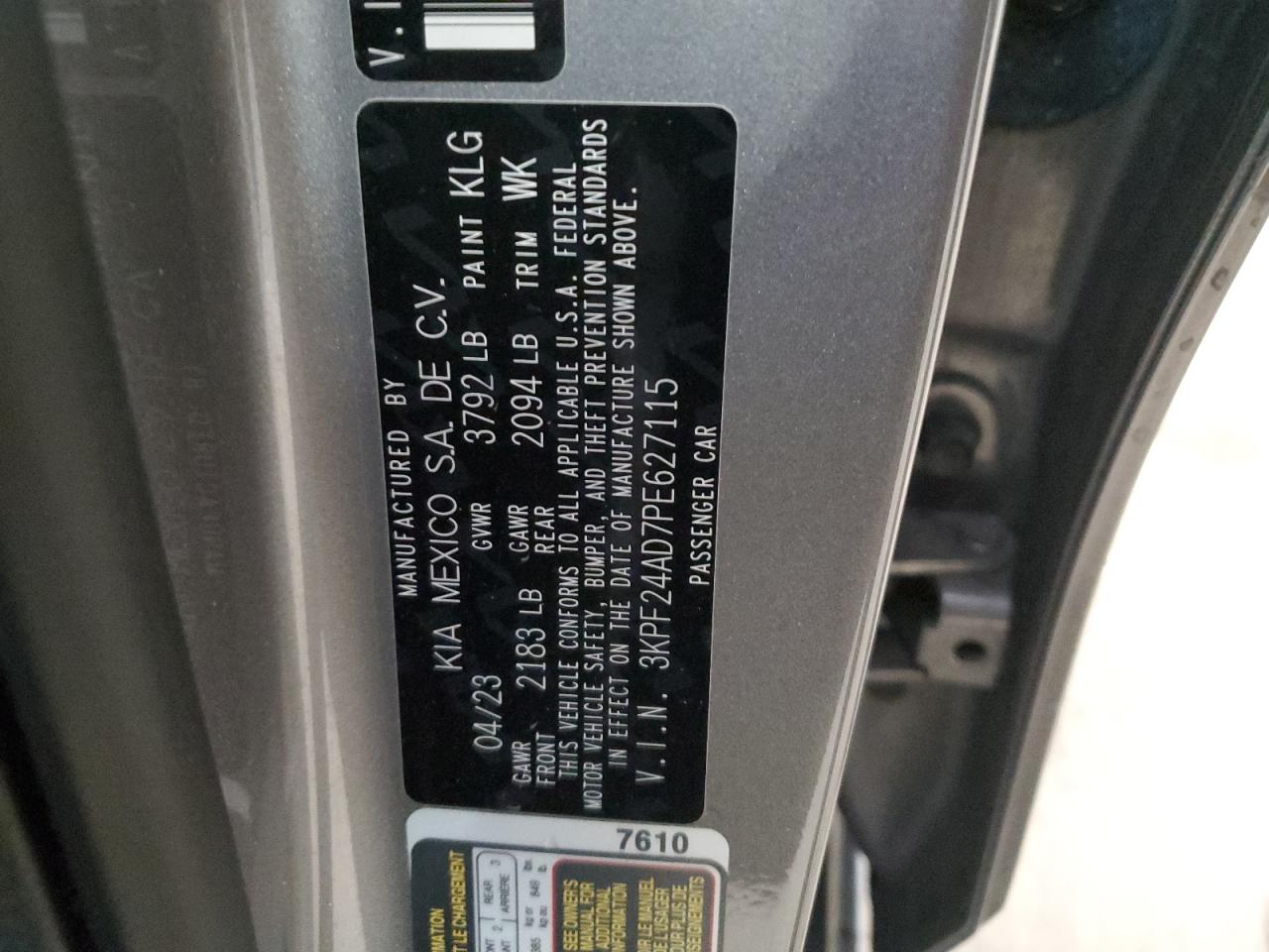 2023 KIA FORTE LX VIN:3KPF24AD7PE627115
