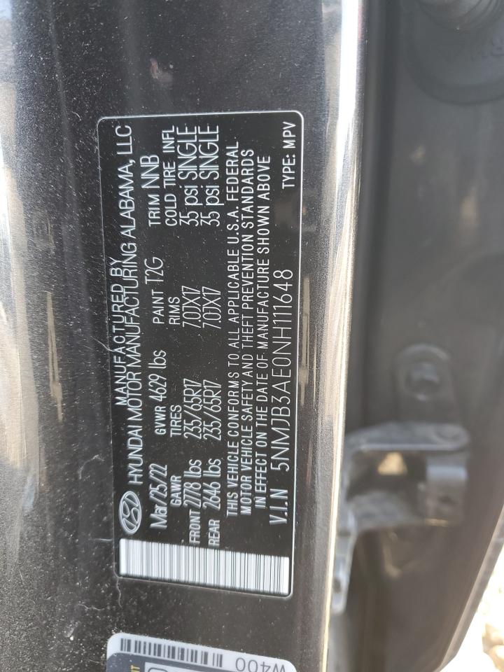 2022 HYUNDAI TUCSON SEL VIN:5NMJB3AE0NH111648