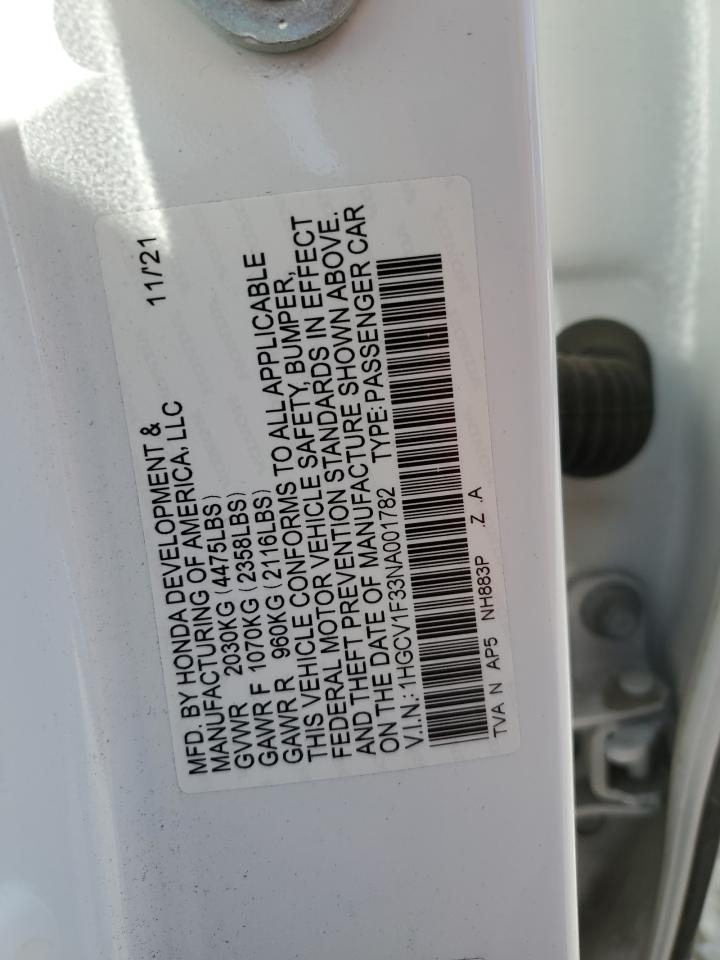 2022 HONDA ACCORD SPORT VIN:1HGCV1F33NA001782